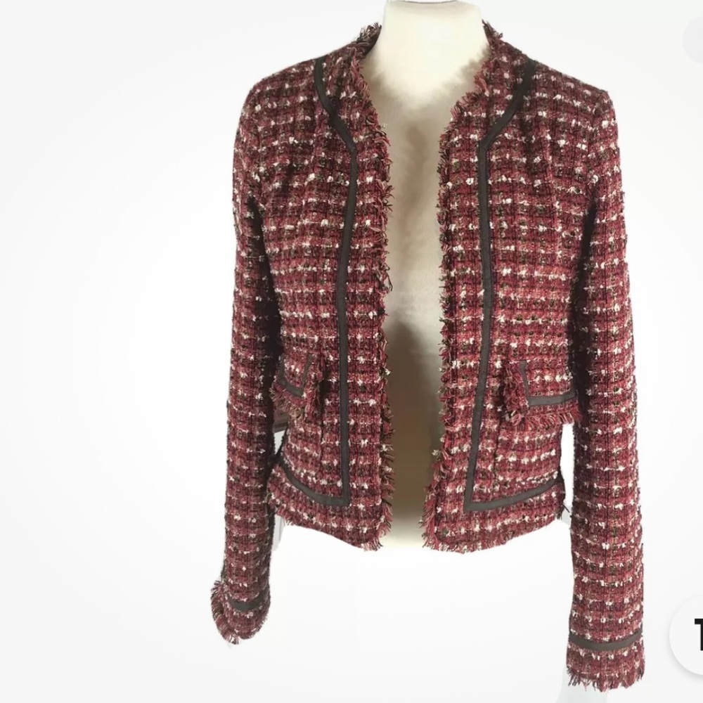 True Meaning Womans Blazer Size 8 Open Front Tweed Red Pouch Pockets Career